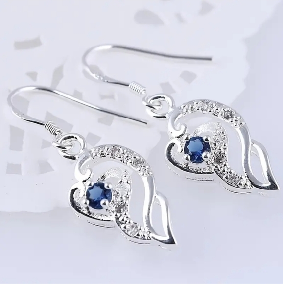 925 Sterling Silver Wire Boho Heart-Shaped Faux Sapphire & Zircon Drop Earrings - Picture 1 of 5